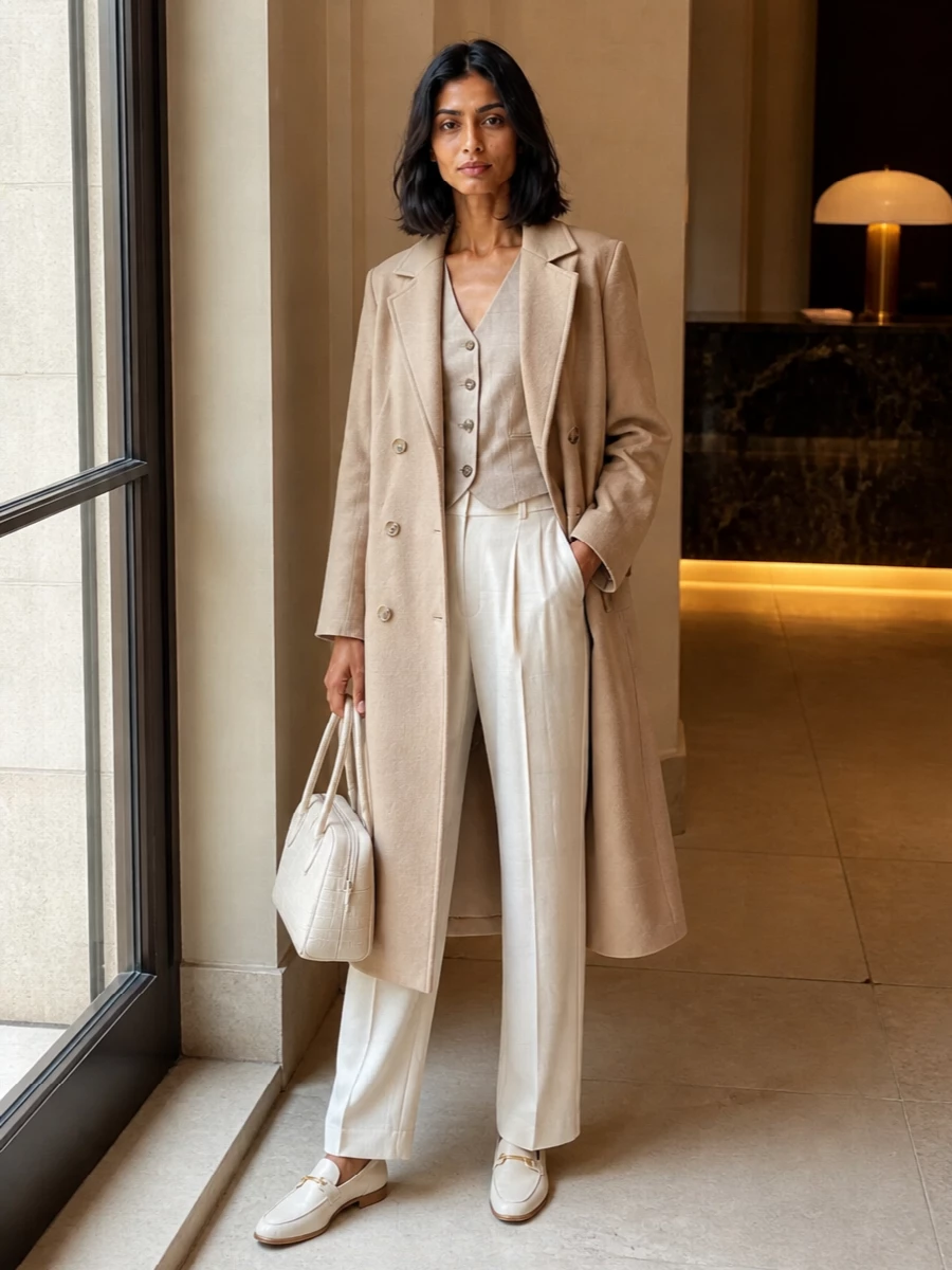 Loulou studio camel coat ivory tailoring outfit