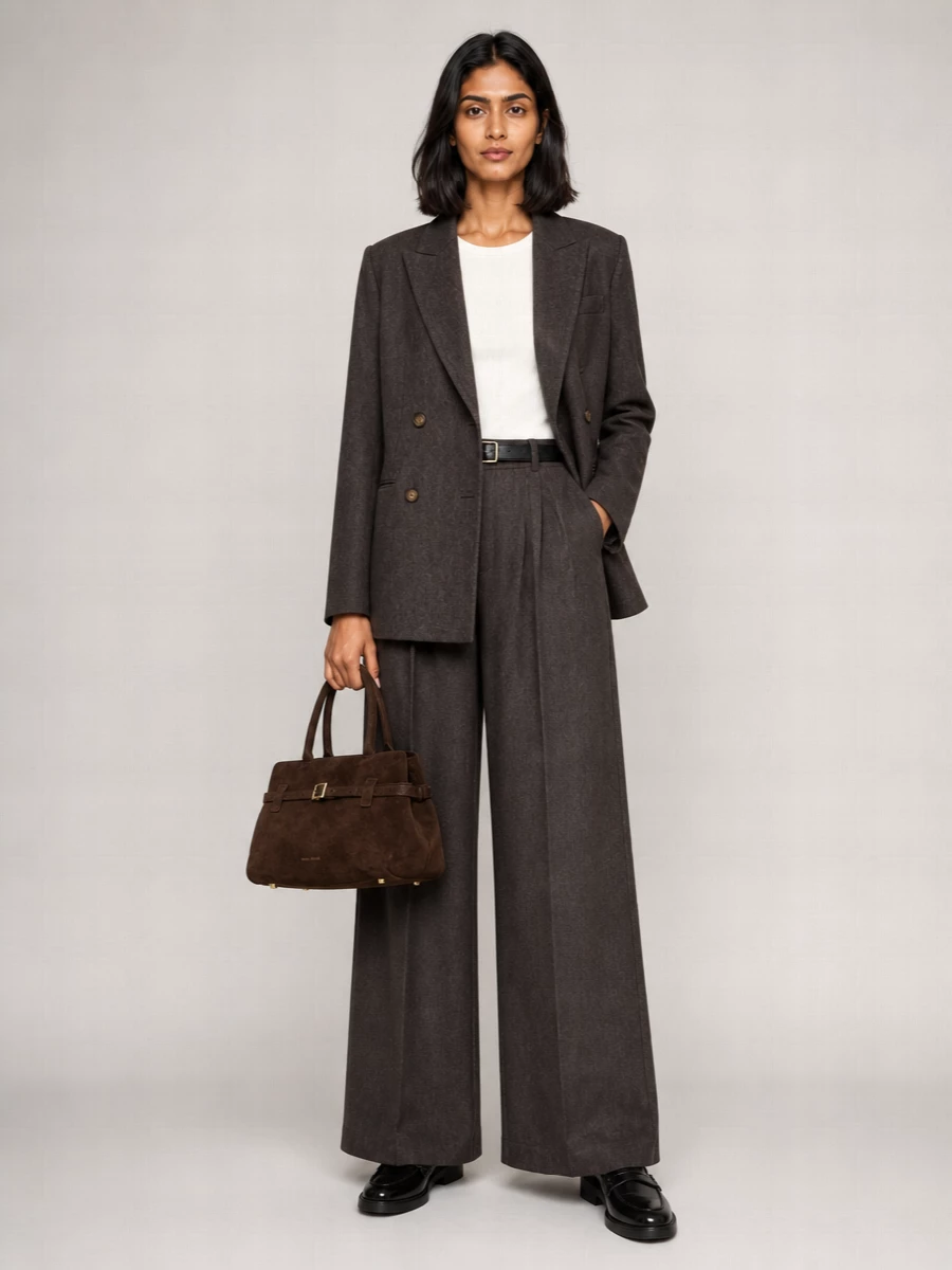 Charcoal tailoring meets soft structure in a quietly assertive office-ready ensemble, with the high-waist wide leg and clean double-breasted jacket reading like a modern, minimal suit. Polished black loafers keep the proportion grounded, while the dark chocolate top-handle and slim gold-buckled belt introduce just enough warmth and detail to feel considered without distraction. The result is boardroom-level refinement that still feels calm and precise rather than stiff.