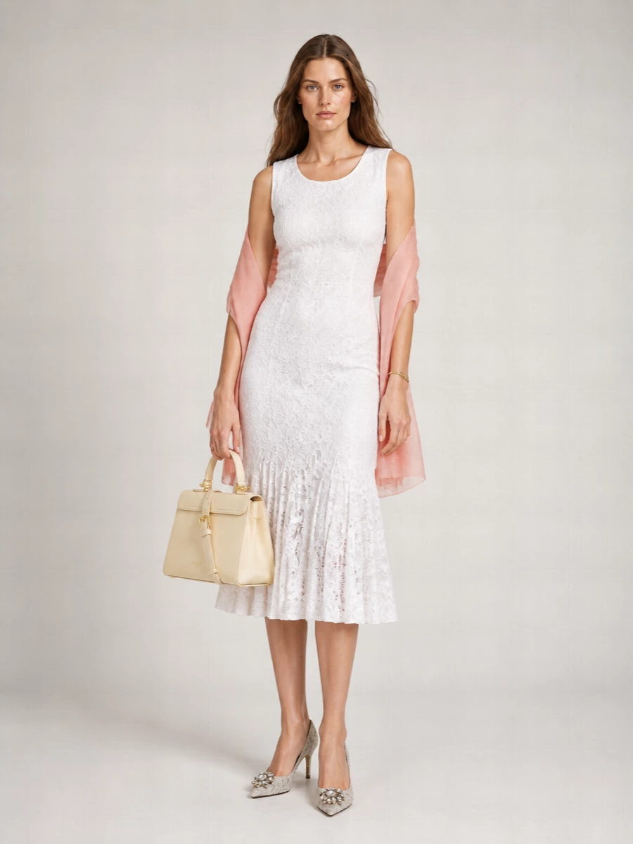 A soft white lace midi is paired with tonal champagne pumps and a buttercream satchel for a romantic, quietly luxurious summer occasion ensemble. The gold cuff and gauzy dusty-rose wrap add just enough glow and colour, keeping the focus on the dress’s sculpted, feminine line. Perfect for weddings, garden parties or city cocktails where you want polish without harsh contrast.