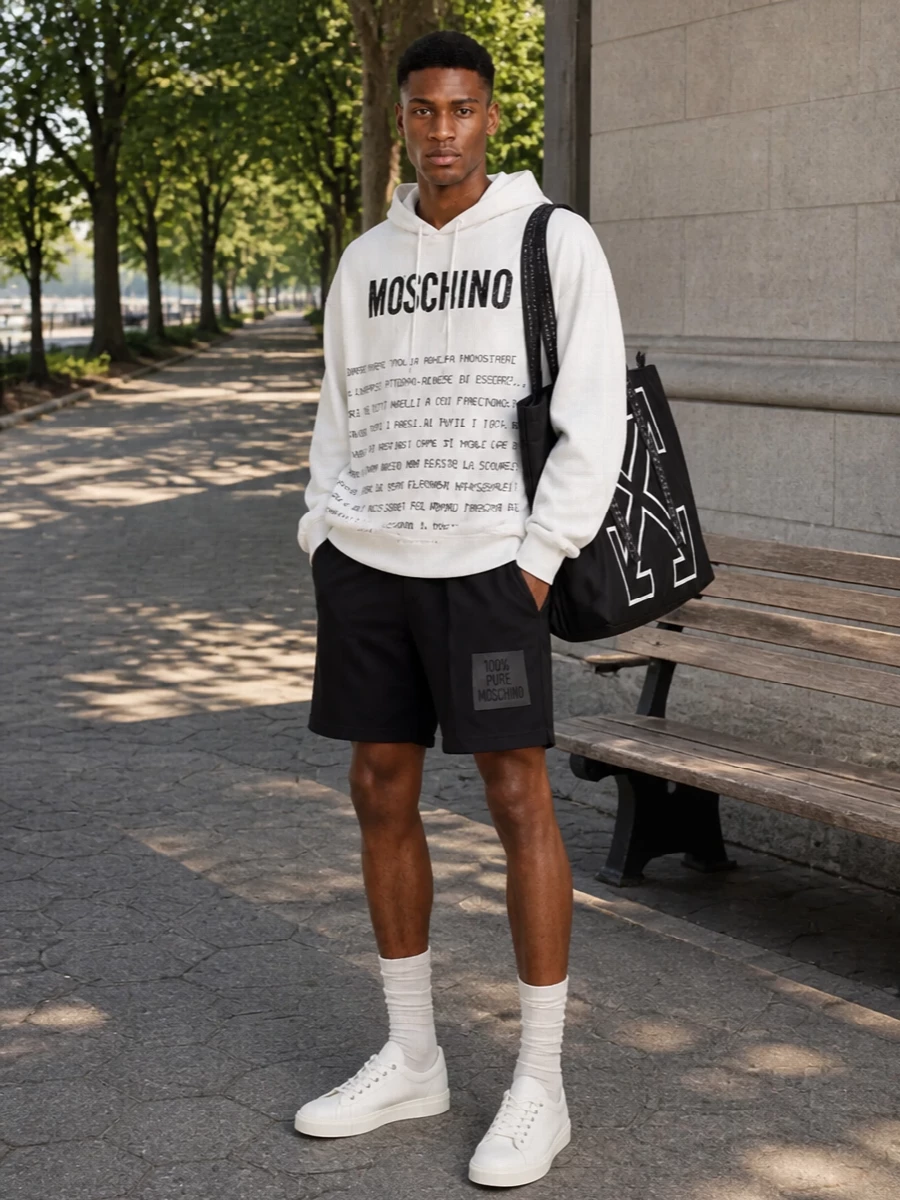 Moschino hoodie black shorts sneakers outfit