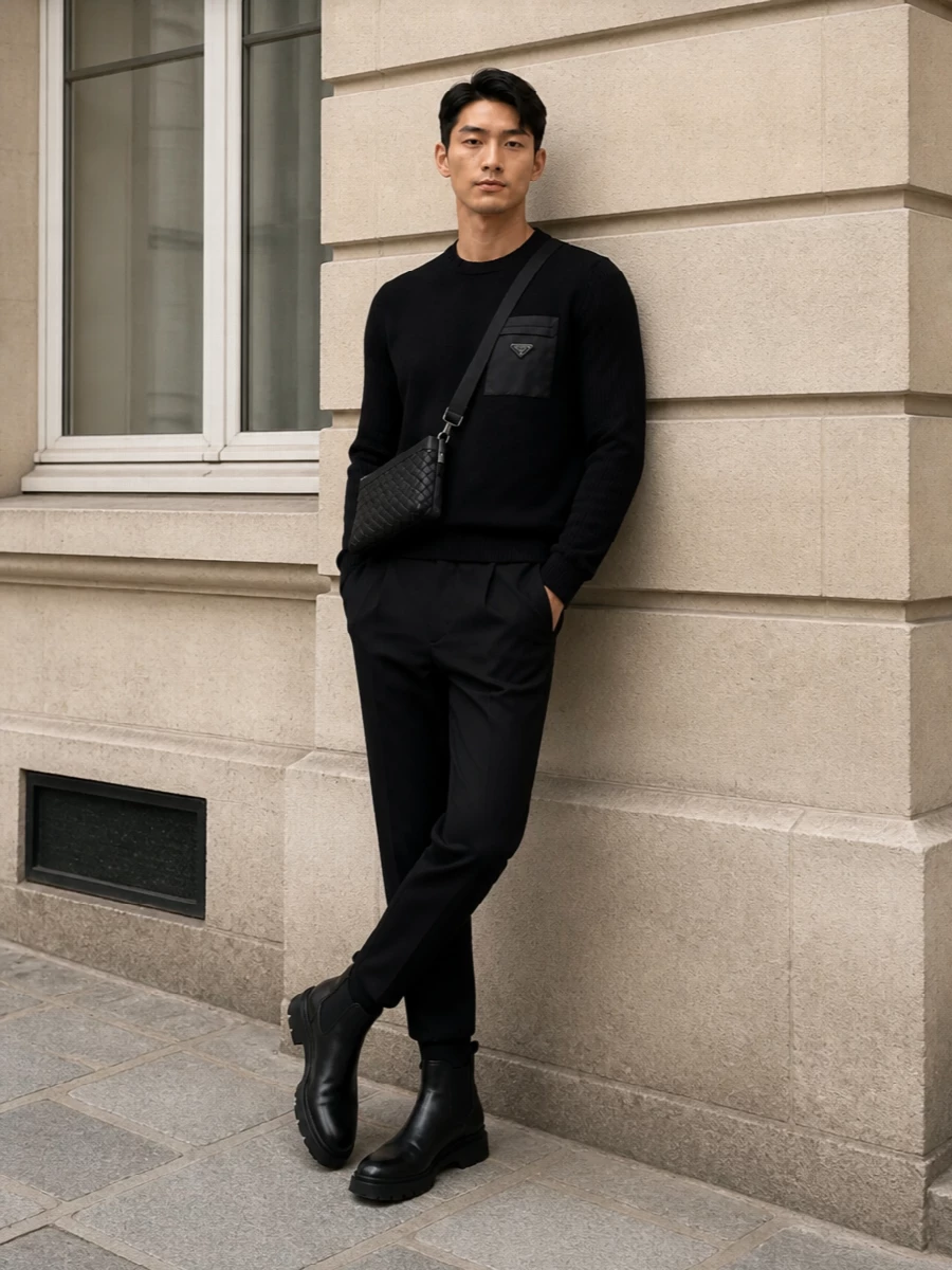 Prada chelsea boots black trousers outfit