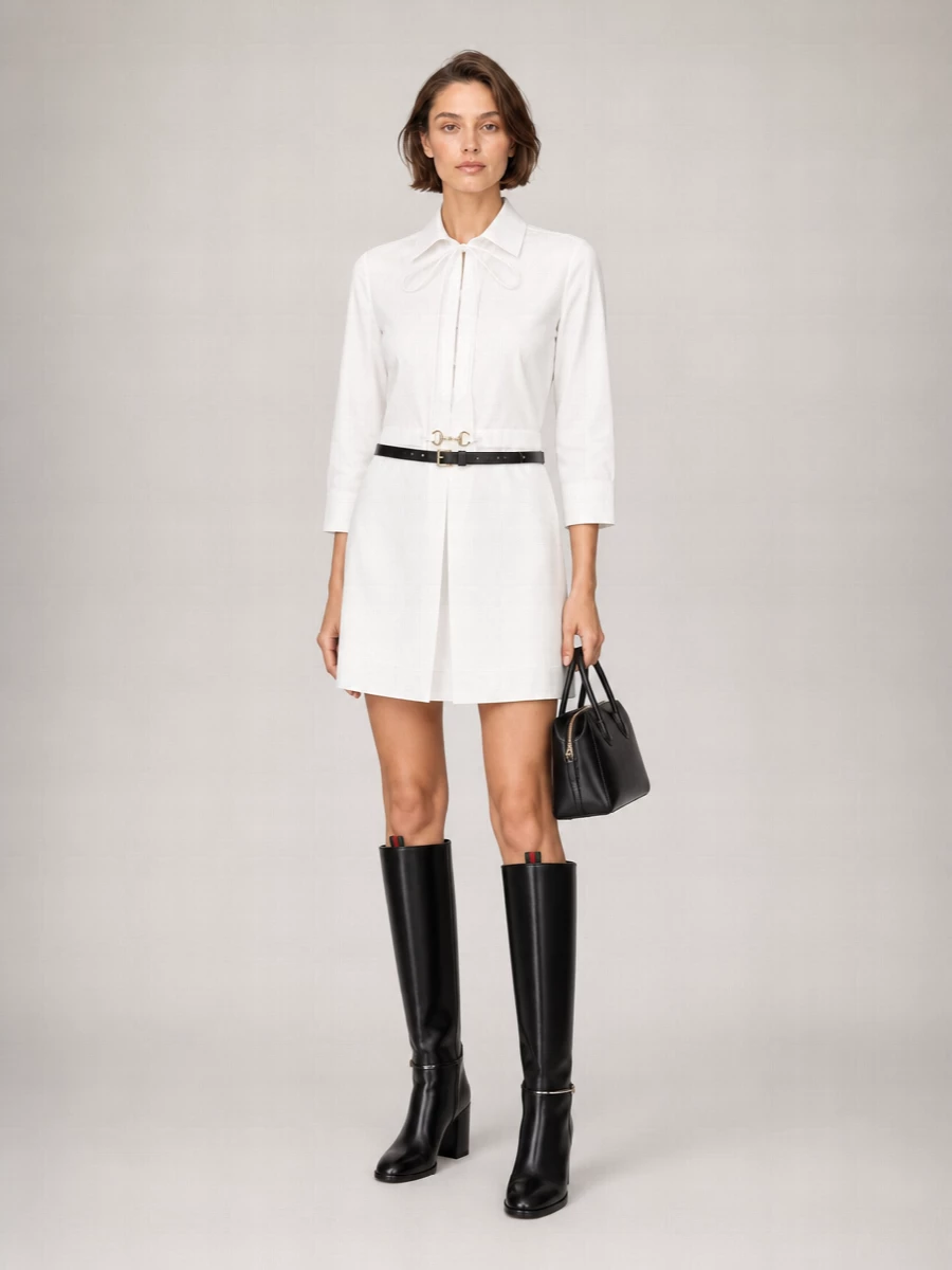 Gucci Cotton Poplin Tie Neck Three Quarter Sleeve Mini Shirt Dress