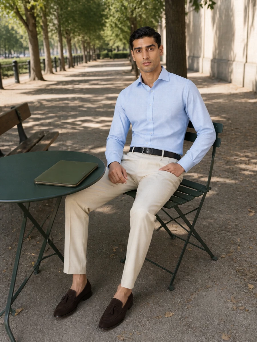 Paul smith blue shirt beige trousers loafers