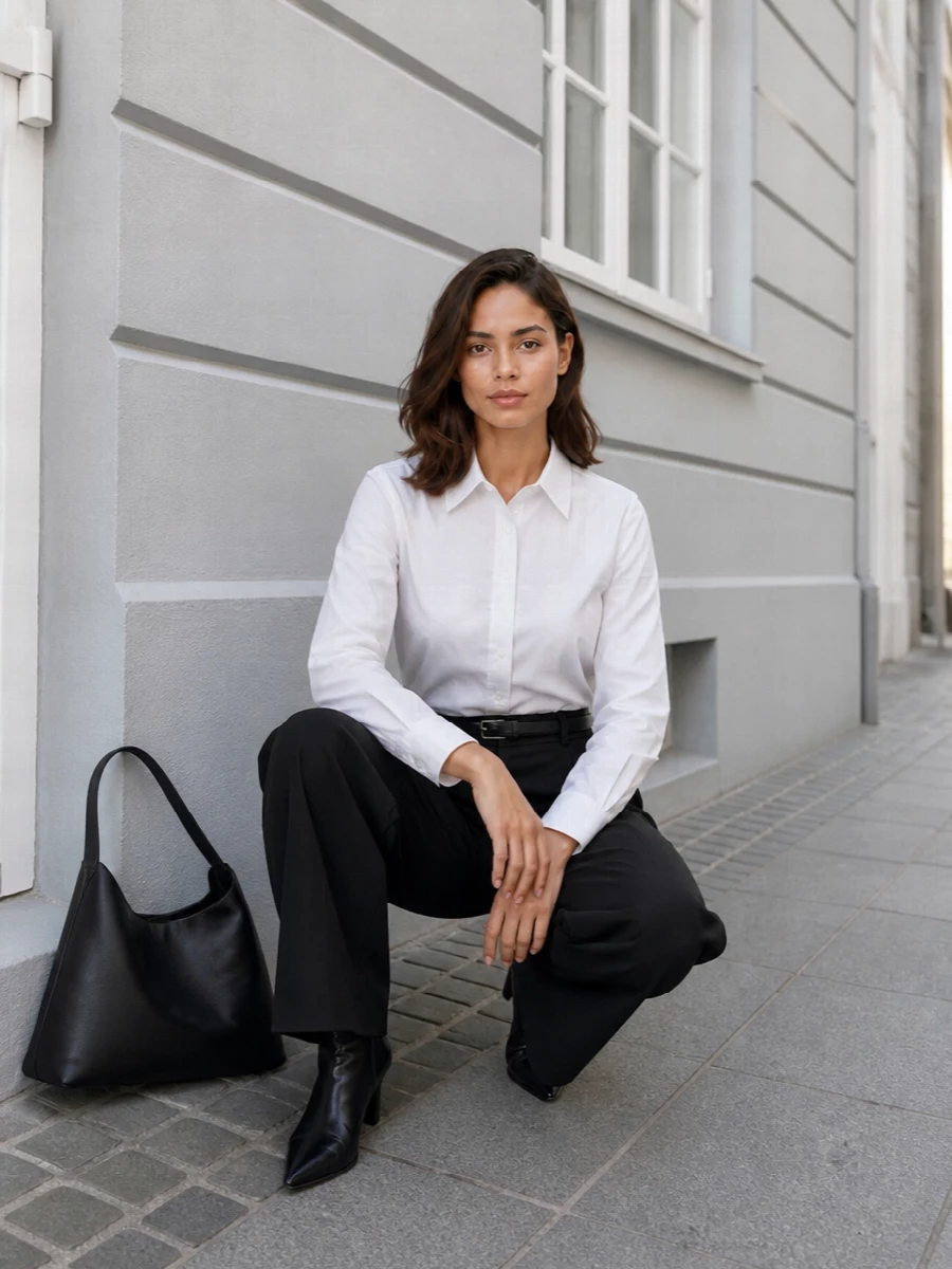 A crisp white shirt meets inky black wide-leg trousers for a precise, monochrome uniform. The pointed ankle boots and crescent shoulder bag keep the lines long and sharp, while a slim black belt adds just enough definition at the waist. It is boardroom-ready but still calm enough for a late dinner reservation.