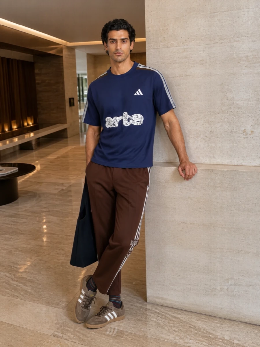 Adidas navy tee brown track pants trainers