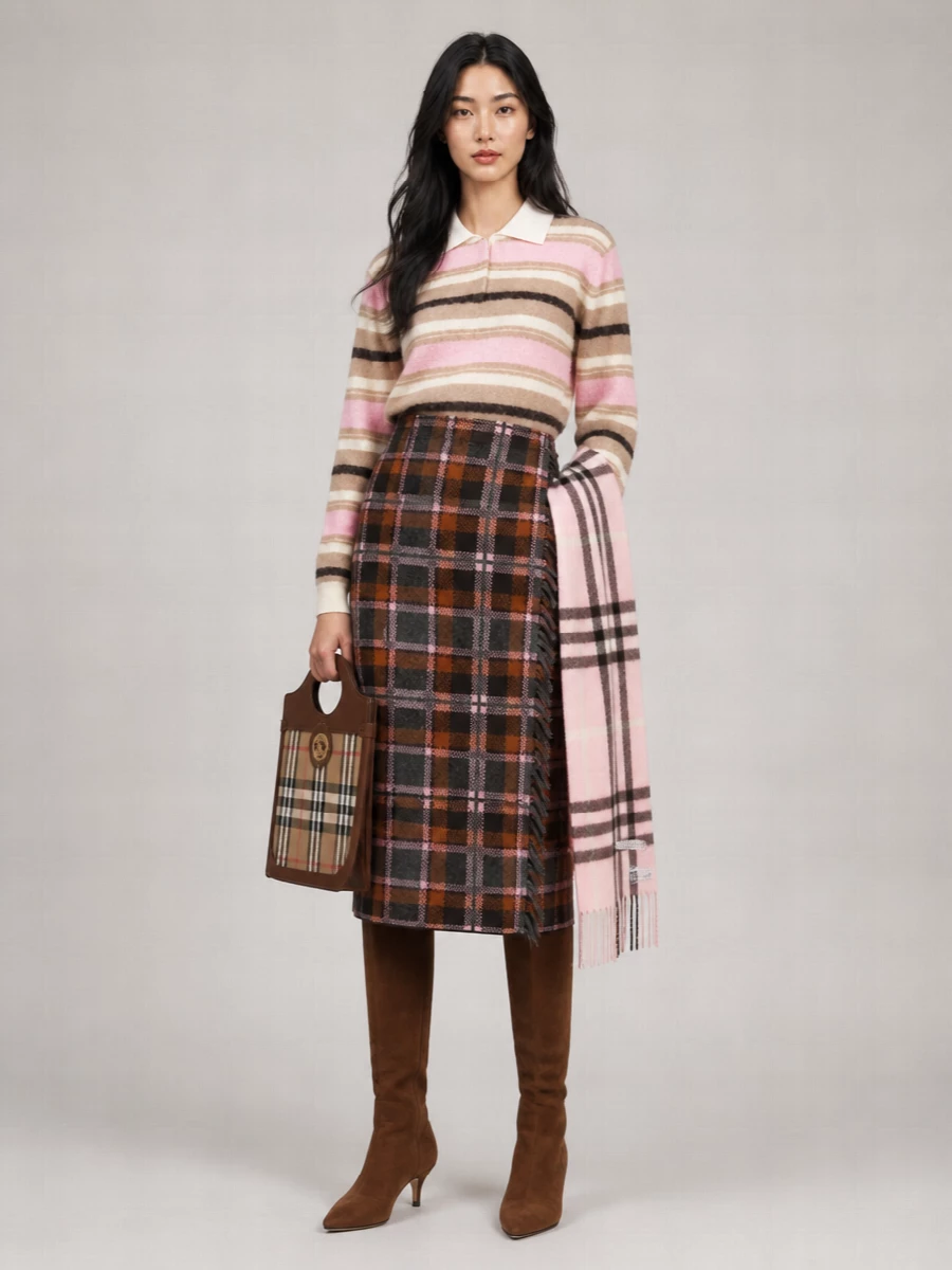 Guest In Residence Cashmere Wool Tartan Fringed Wrap Midi Pencil Skirt