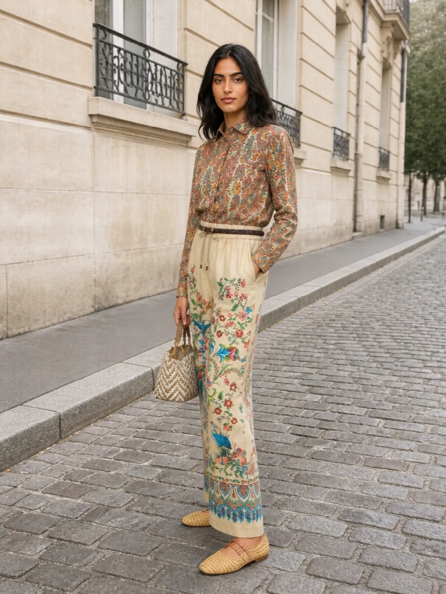 Etro’s paisley shirt is paired with fluid printed wide-leg trousers in sand tones for a romantic, bohemian set that feels artful yet relaxed. Neutral woven accessories in tan, straw and soft gold keep the focus on colour and movement while adding structure and polish. The slim braided belt subtly defines the waist so the volumes stay easy but intentional for warm city days or garden dinners.