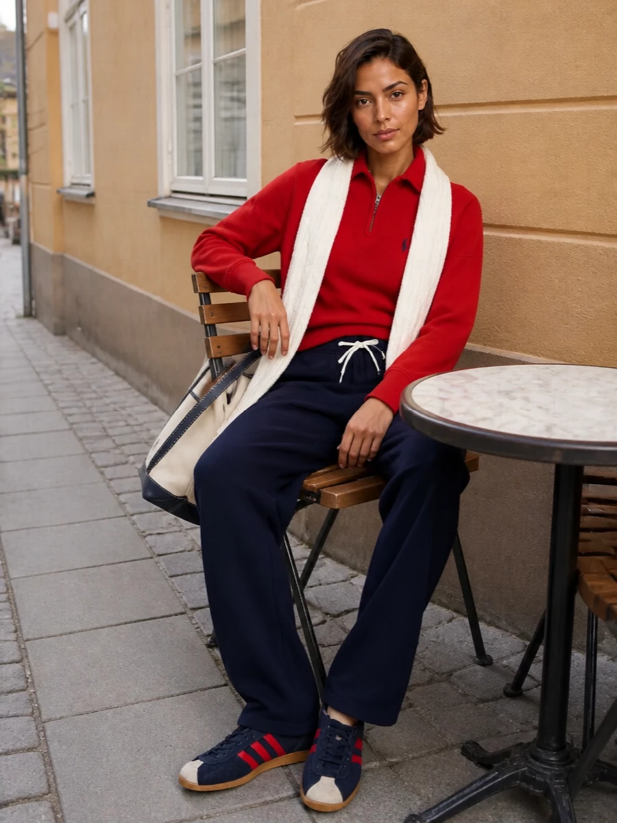 Polo prep goes full collegiate with the red half-zip grounded by deep navy track pants and matching retro runners. The cream-and-navy tote and ivory cable scarf lift the palette just enough, keeping everything relaxed but considered for off-duty days. It is an easy, sporty uniform that feels coordinated without trying too hard.