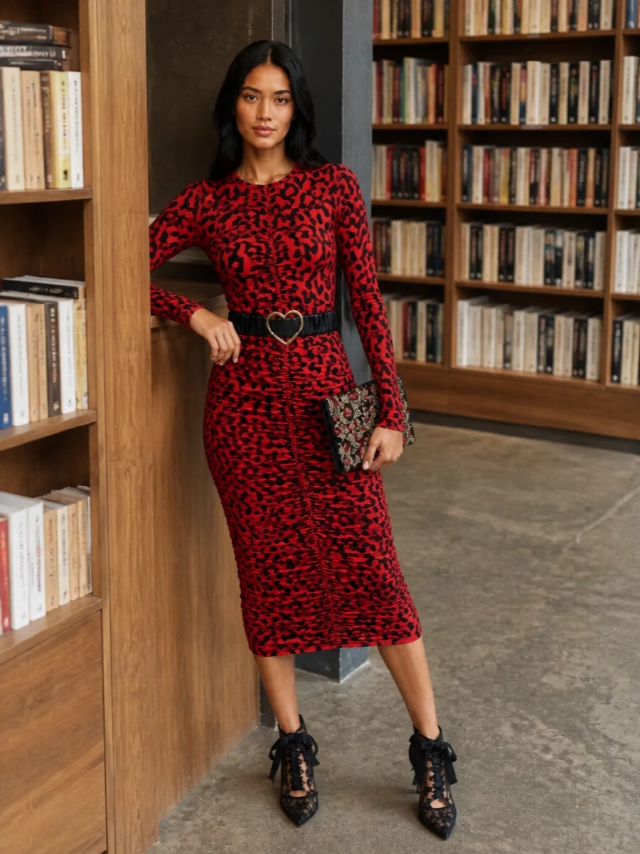 Dolce gabbana red leopard dress black lace heels