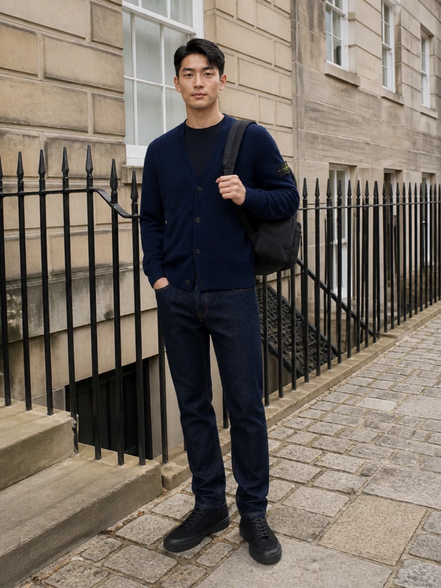 Stone island navy cardigan dark jeans outfit
