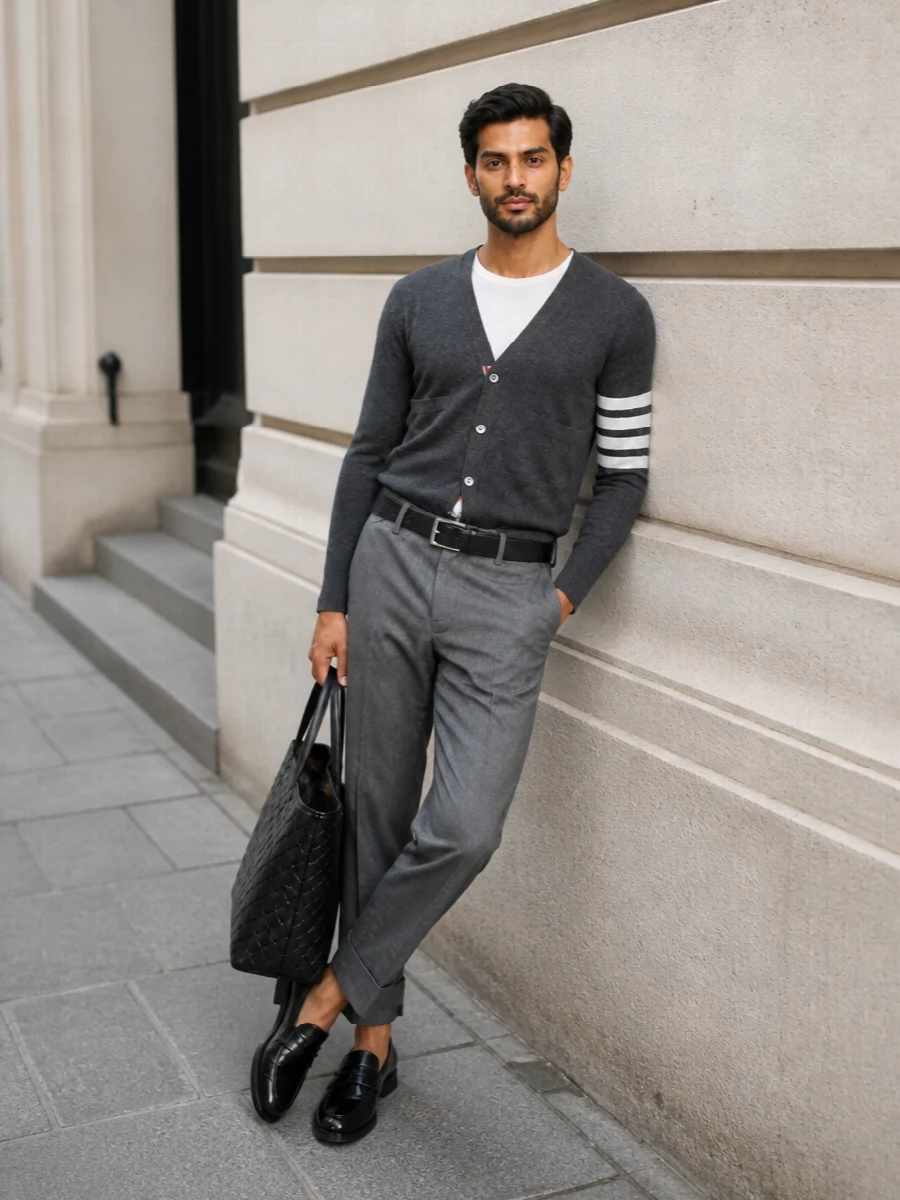 Thom browne grey cropped suit black loafers
