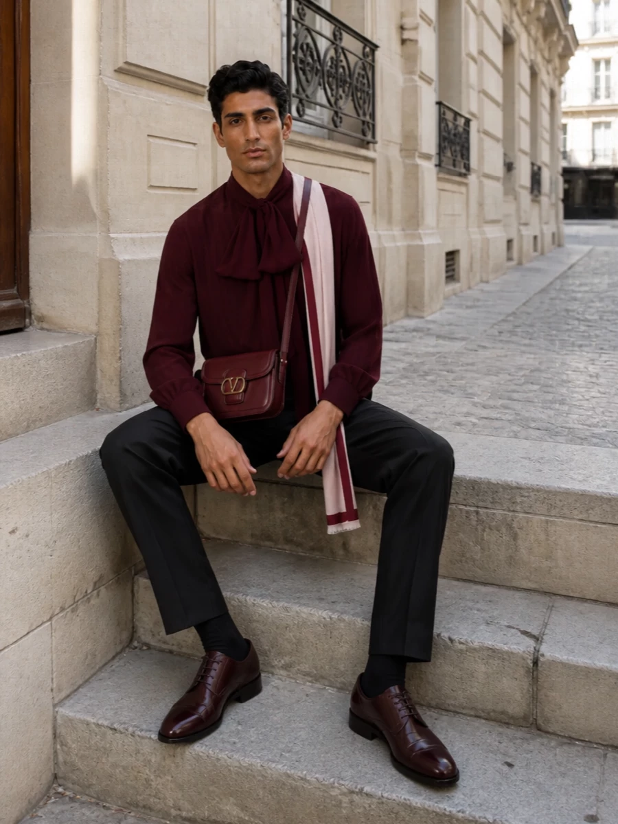 Etro burgundy blouse bottega trousers outfit