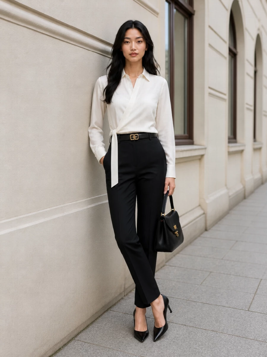 Balenciaga tailored black trousers asymmetric shirt