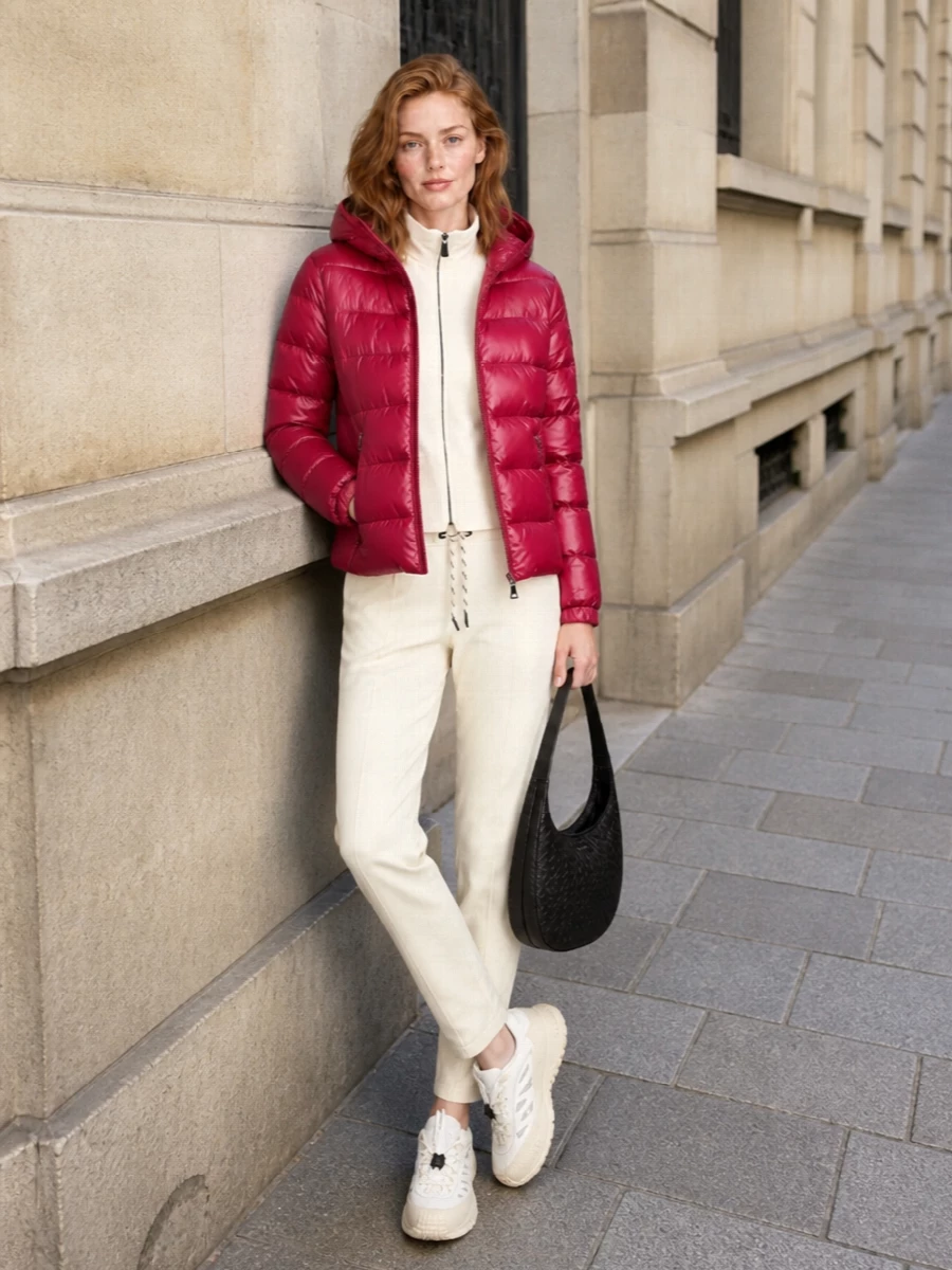 Moncler raspberry puffer ivory track pants outfit