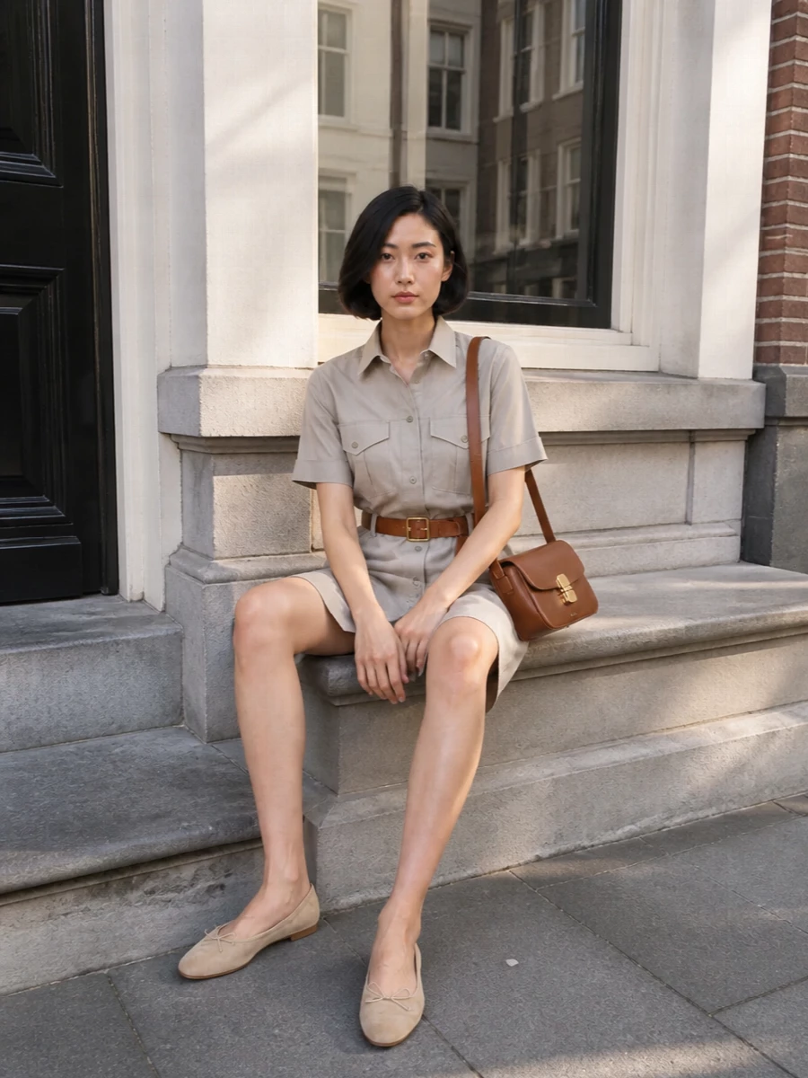 A stone utility shirt dress is grounded with soft sand suede flats for a calm, city-ready take on warm weather dressing. A cognac leather shoulder bag and tan belt introduce depth and structure without disturbing the minimalist palette. The result feels neat, functional and relaxed enough for a full day on your feet, from commute to café terrace.