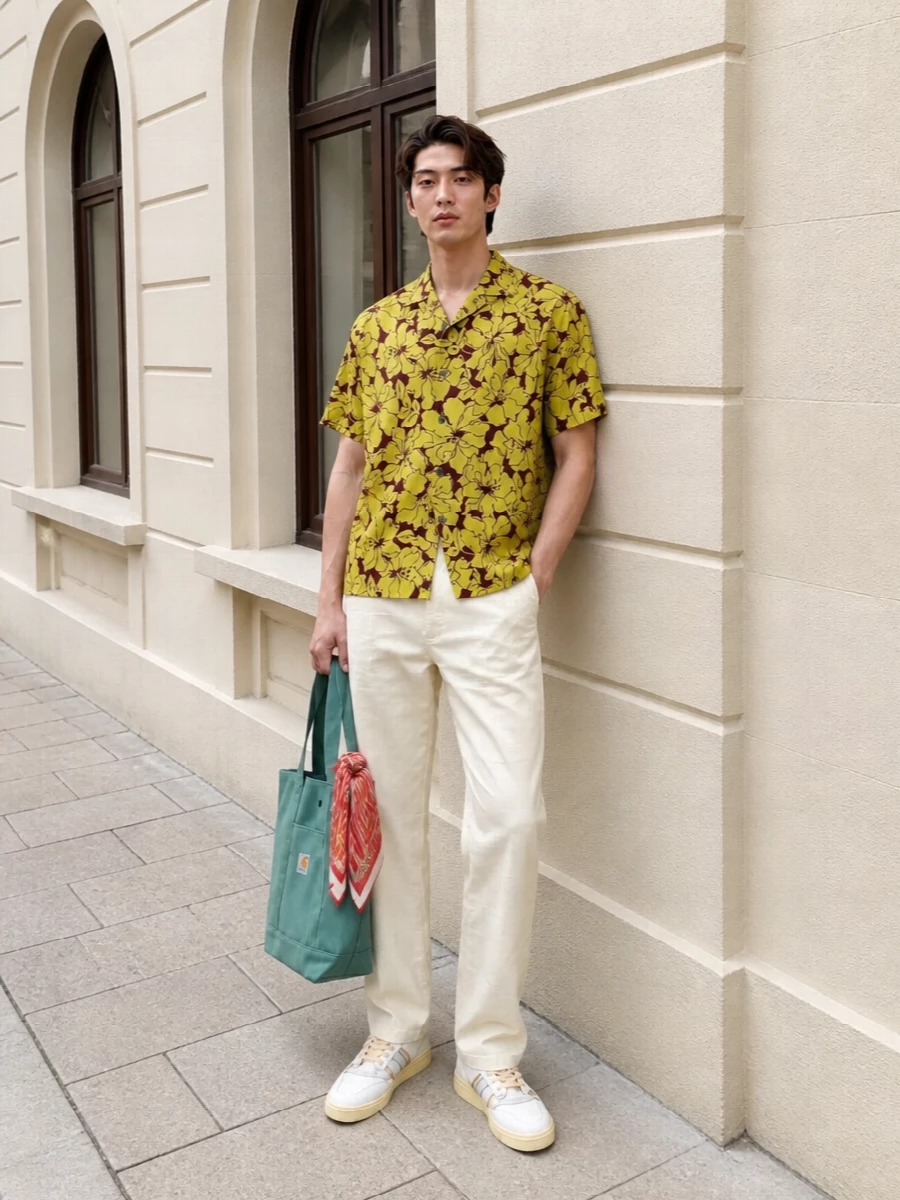 Stussy floral shirt cream chinos adidas sneakers