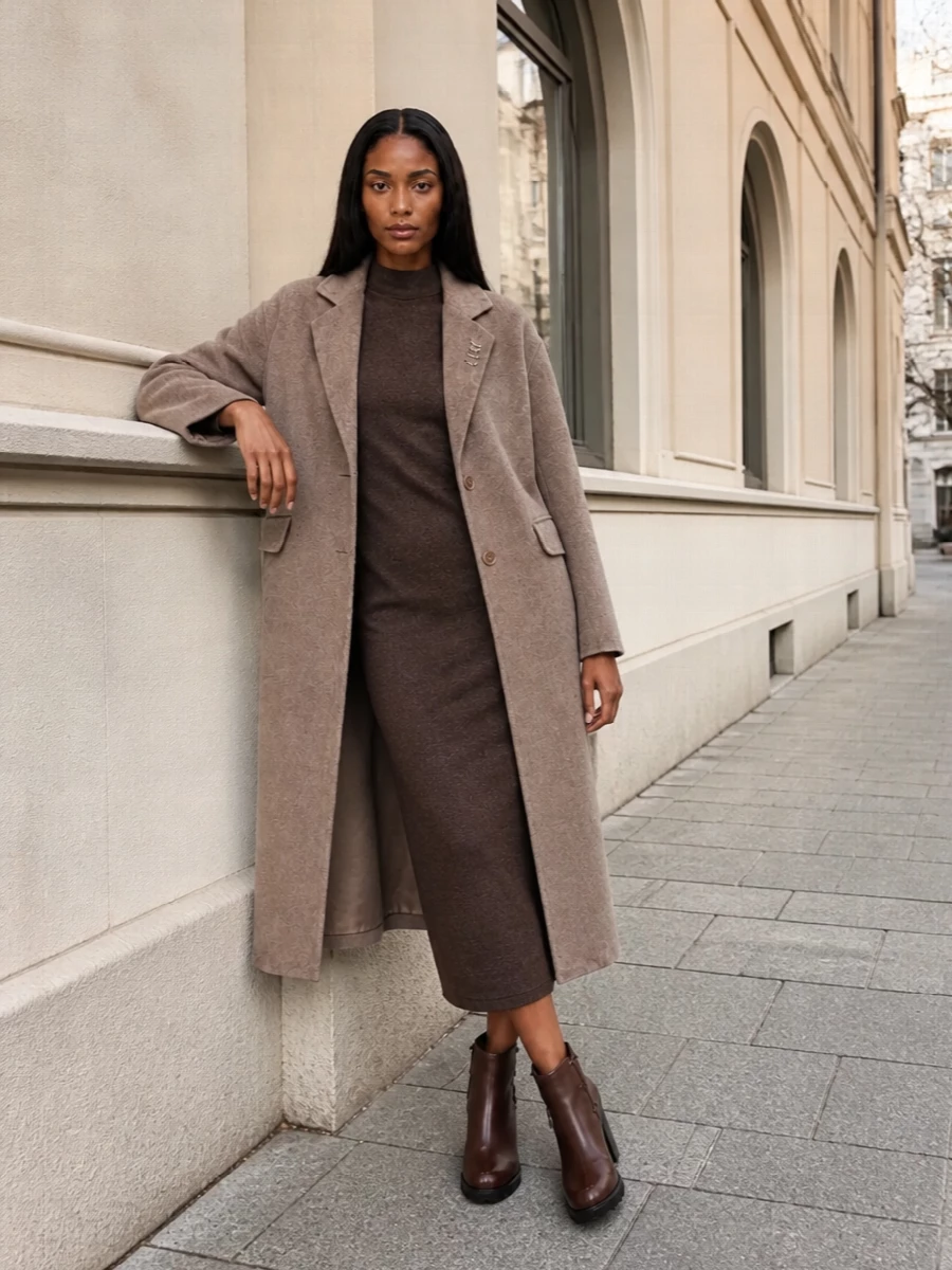 Max mara camel coat knit midi dress outfit