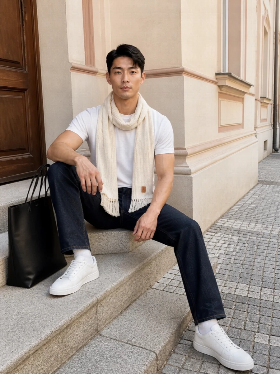 A crisp CDG tee with dark indigo A.P.C. denim creates a clean, easy line that feels deliberately simple rather than basic. White CDG sneakers echo the top while the black A.P.C. tote adds a quiet, urban sharpness. The cream ribbed scarf lightens the palette, giving the whole combination a soft winter brightness without losing its minimal edge.