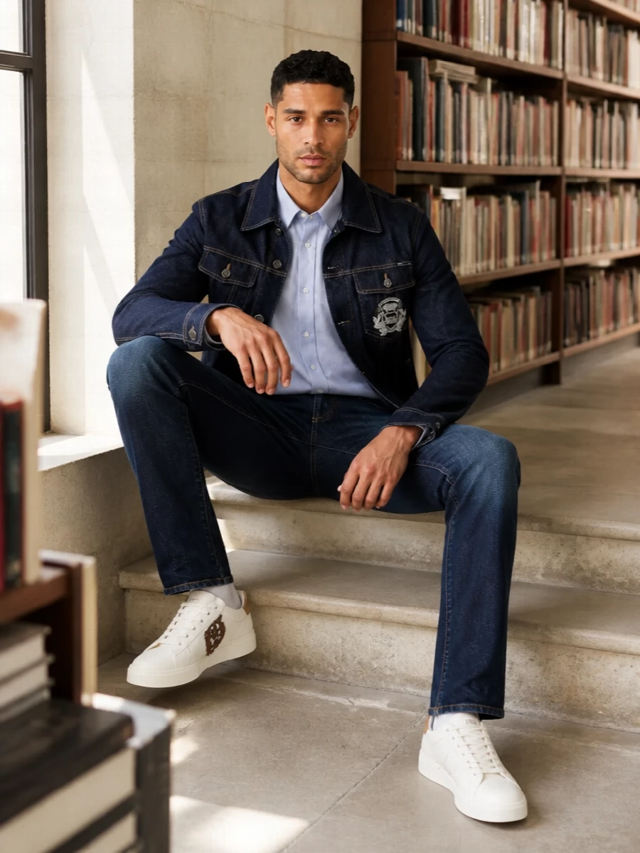 Dolce gabbana denim jacket crest sneaker outfit