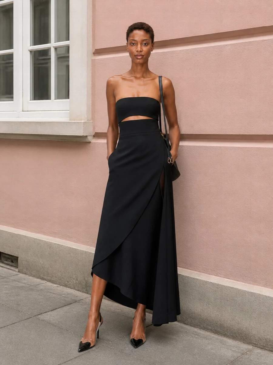 Alaia black strapless evening dress slingback heels