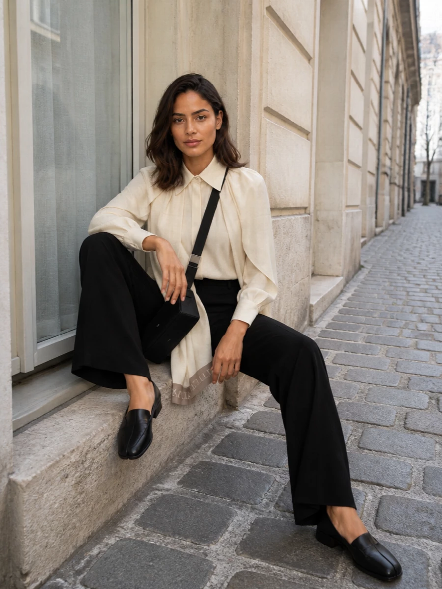 Black high-waisted wide-leg trousers meet an ivory architectural blouse for a clean, high-contrast base that feels precise but not stiff. Margiela’s sculpted black mules and a streamlined black Max Mara cross-body keep the lines modern and directional while staying fully office and dinner appropriate. The ivory bordered scarf brings in a final, soft layer of tone that speaks quietly to the blouse and sharp tailoring without adding visual noise.