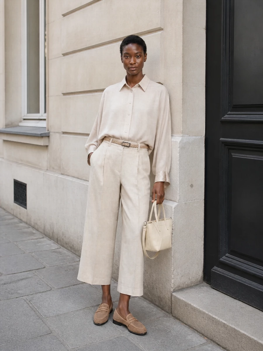 Beige wide leg trousers dolman sleeve shirt outfit