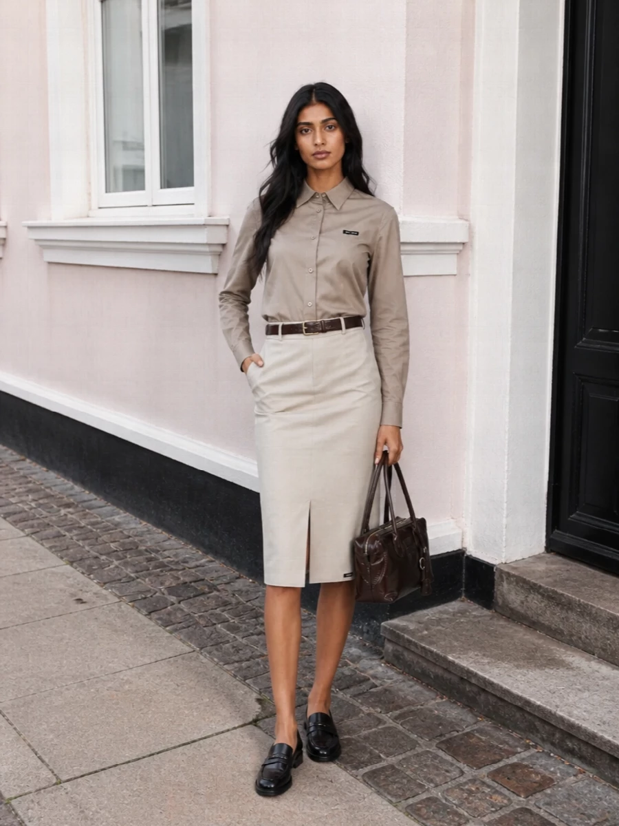 Miu miu taupe shirt beige pencil skirt outfit
