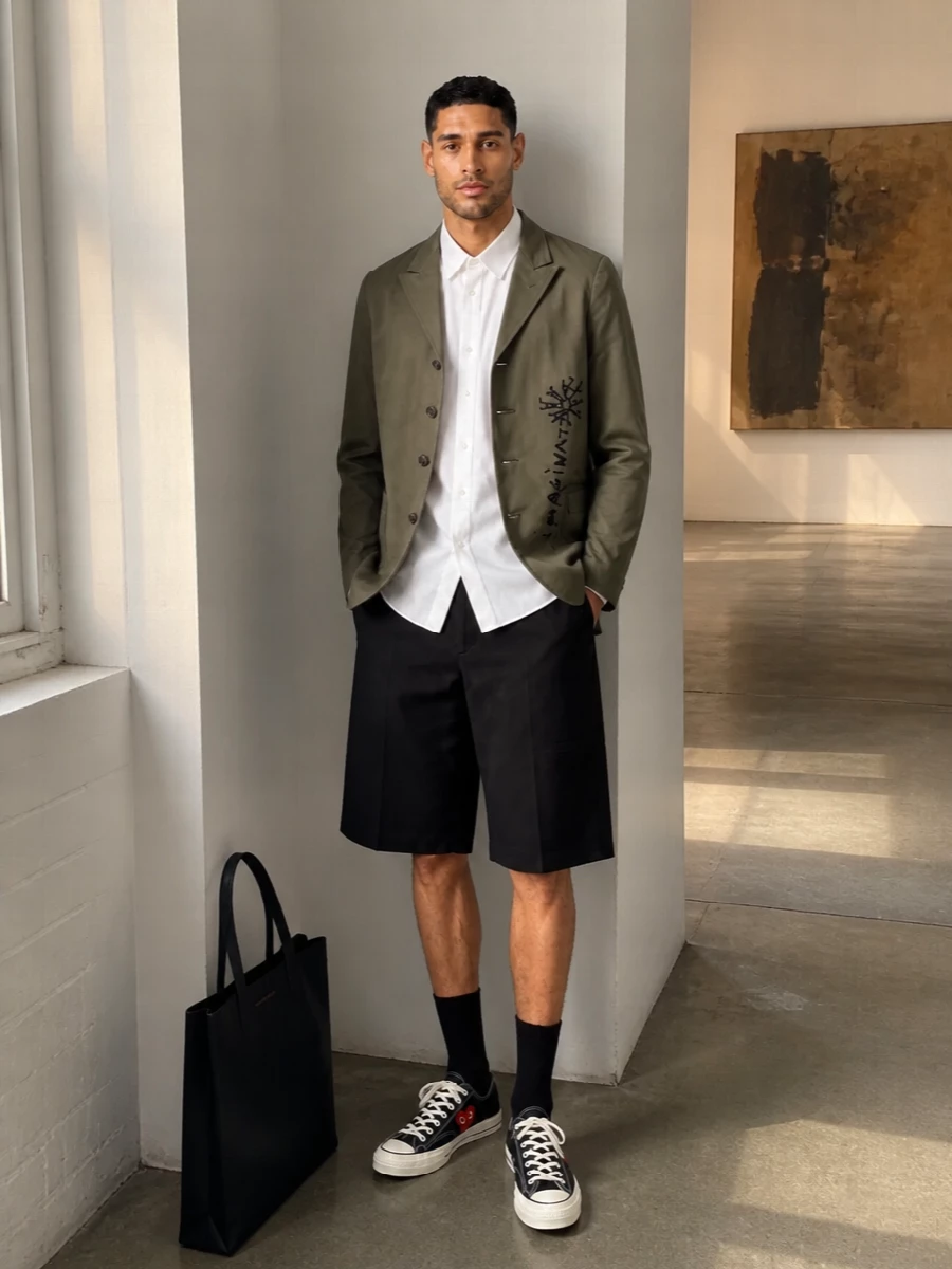 Comme des garcons blazer tailored shorts outfit
