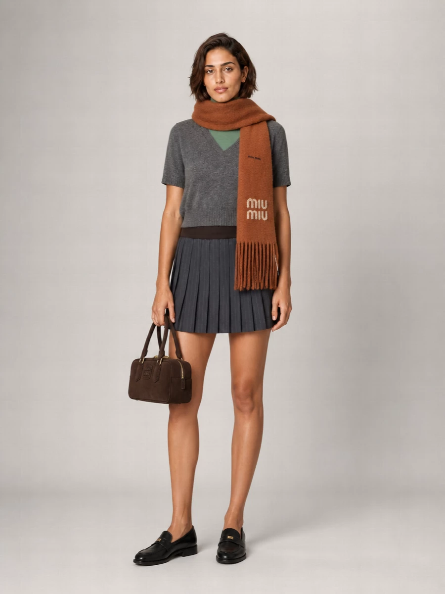 Miu Miu Cashmere Ribbed Layered V-Neck Short-Sleeve Turtleneck Sweater
