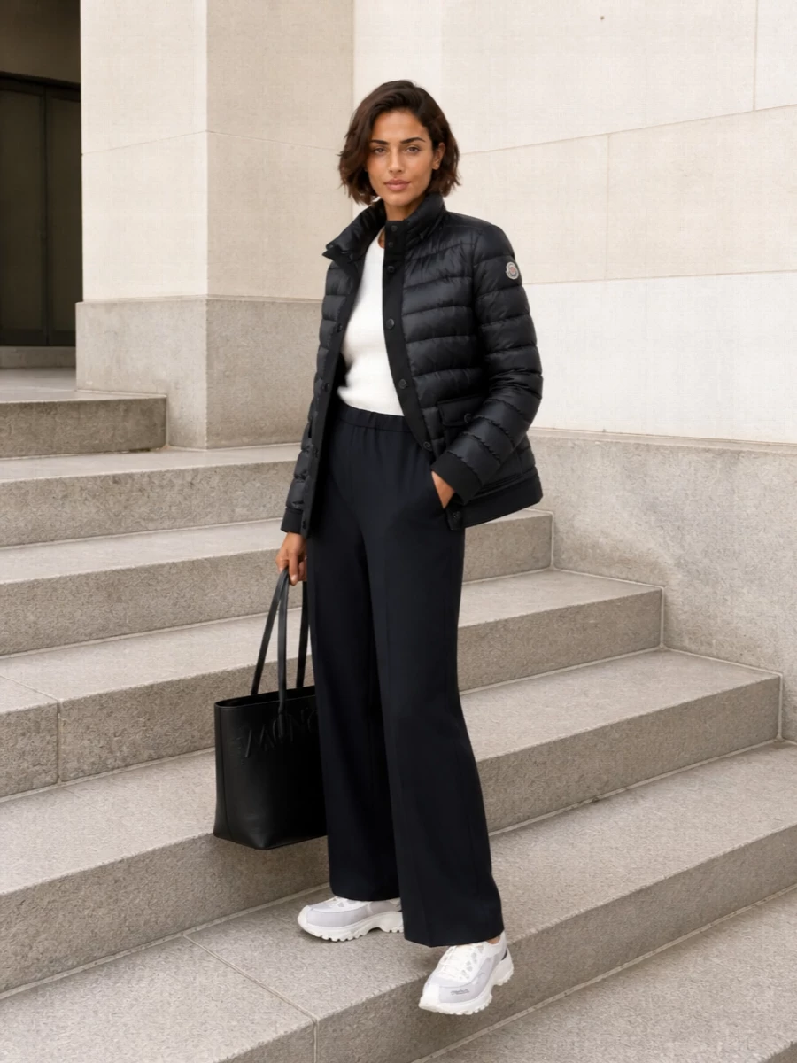 I’m building this around separates rather than a dress so the Moncler puffer can read as a true outer layer, not compete with another one-and-done statement. The white ribbed knit, navy wide-leg trouser and off-white technical sneaker keep the line long and relaxed, with the big black tote and jacket framing everything in a calm, tonal sport-luxe palette. It feels like a quietly confident city uniform that moves from travel days to casual dinners without needing a change.