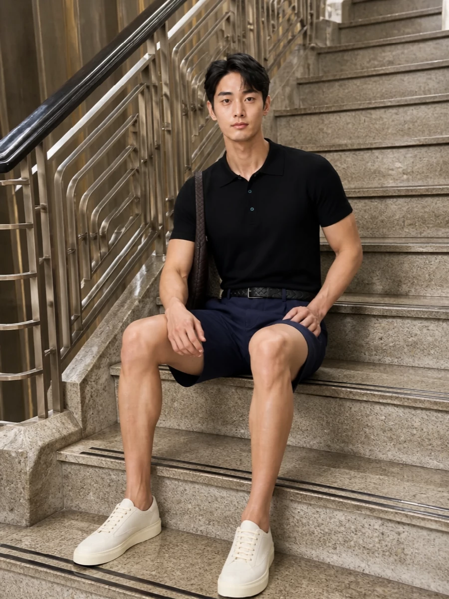 Brunello cucinelli knit polo tailored shorts outfit