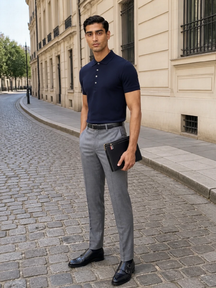 Thom browne navy polo grey tailored trousers