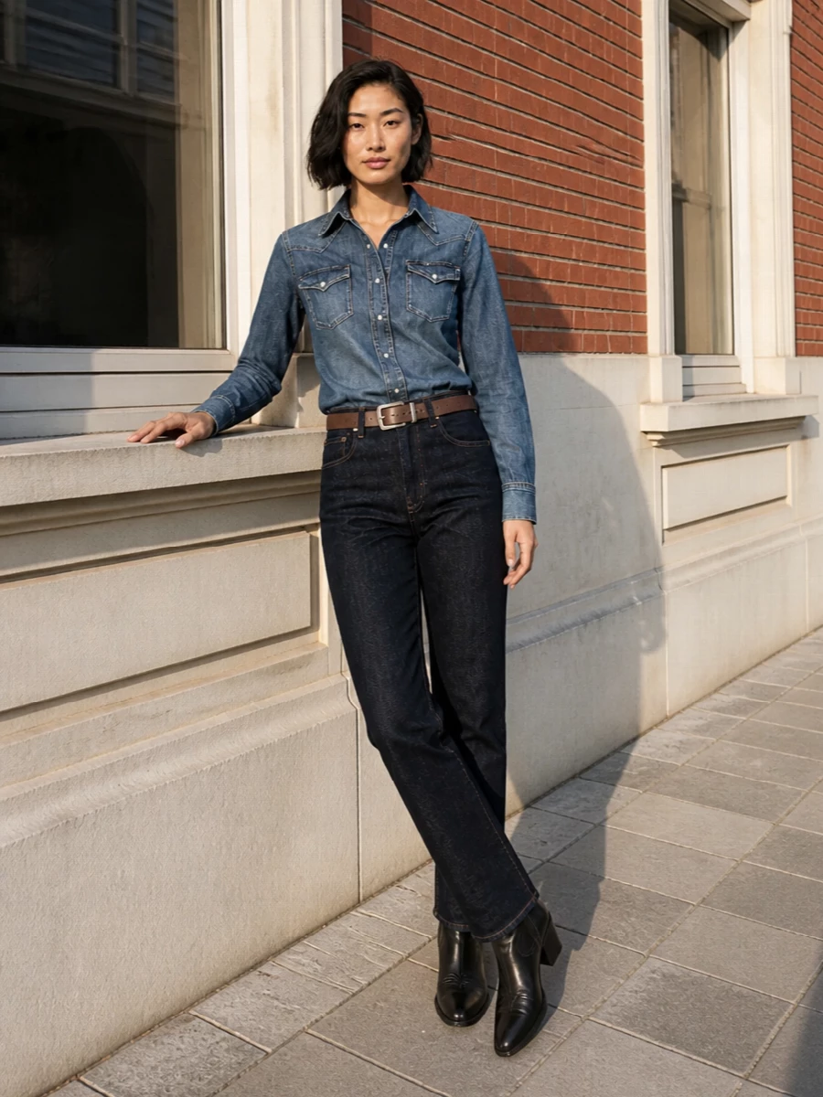 A Western‑cut denim shirt meets dark straight‑leg jeans for a clean take on double denim that feels rugged but intentional rather than nostalgic. Pointed black boots sharpen the line and add just enough attitude, while a structured dark‑denim tote and a simple brown belt keep the palette tight and the mood quietly grown‑up. Wear it for off‑duty days when you want Americana references to feel modern and city‑ready, not costume.