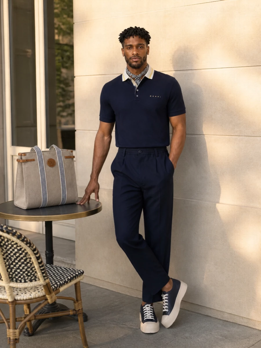 Navy-on-navy keeps the Marni polo and drawstring trousers calm and streamlined, letting the striped collar do the talking. Chunky yet minimal sneakers and a structured canvas tote lean into a smart, coastal-preppy mood. The small geometric scarf is a discreet finishing touch, adding texture and a hint of Italian polish without disturbing the clean lines.