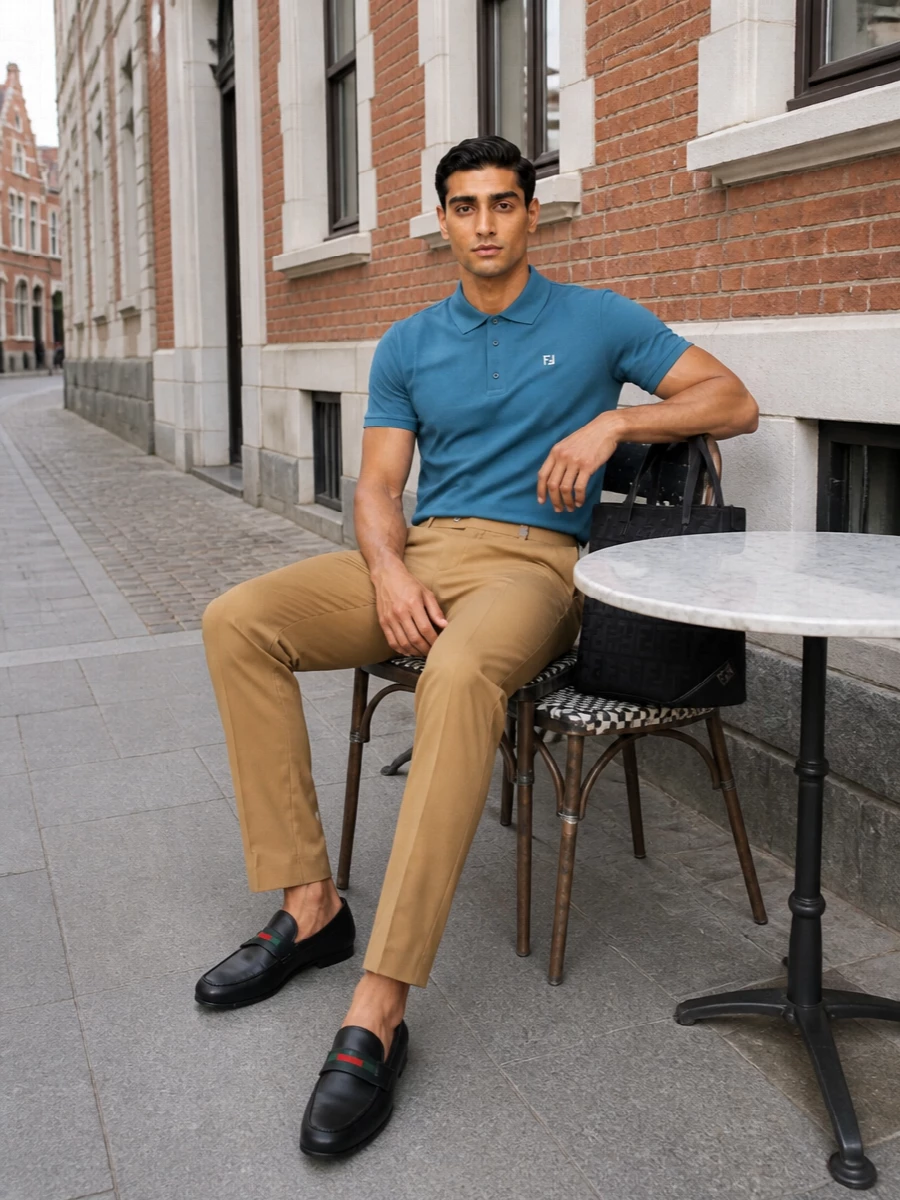 A muted teal polo paired with camel tailoring gives the Gucci drivers a relaxed Riviera polish that still feels city ready. Black accessories quietly anchor the softer tones, so the web detail becomes a subtle accent rather than the headline. The result is smart, comfortable and understated enough for long summer days that drift into the evening.