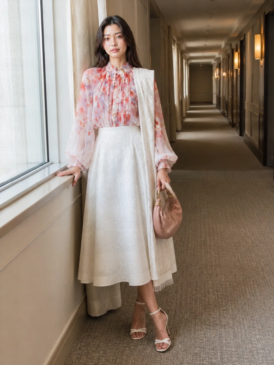 Zimmermann floral blouse white midi skirt outfit