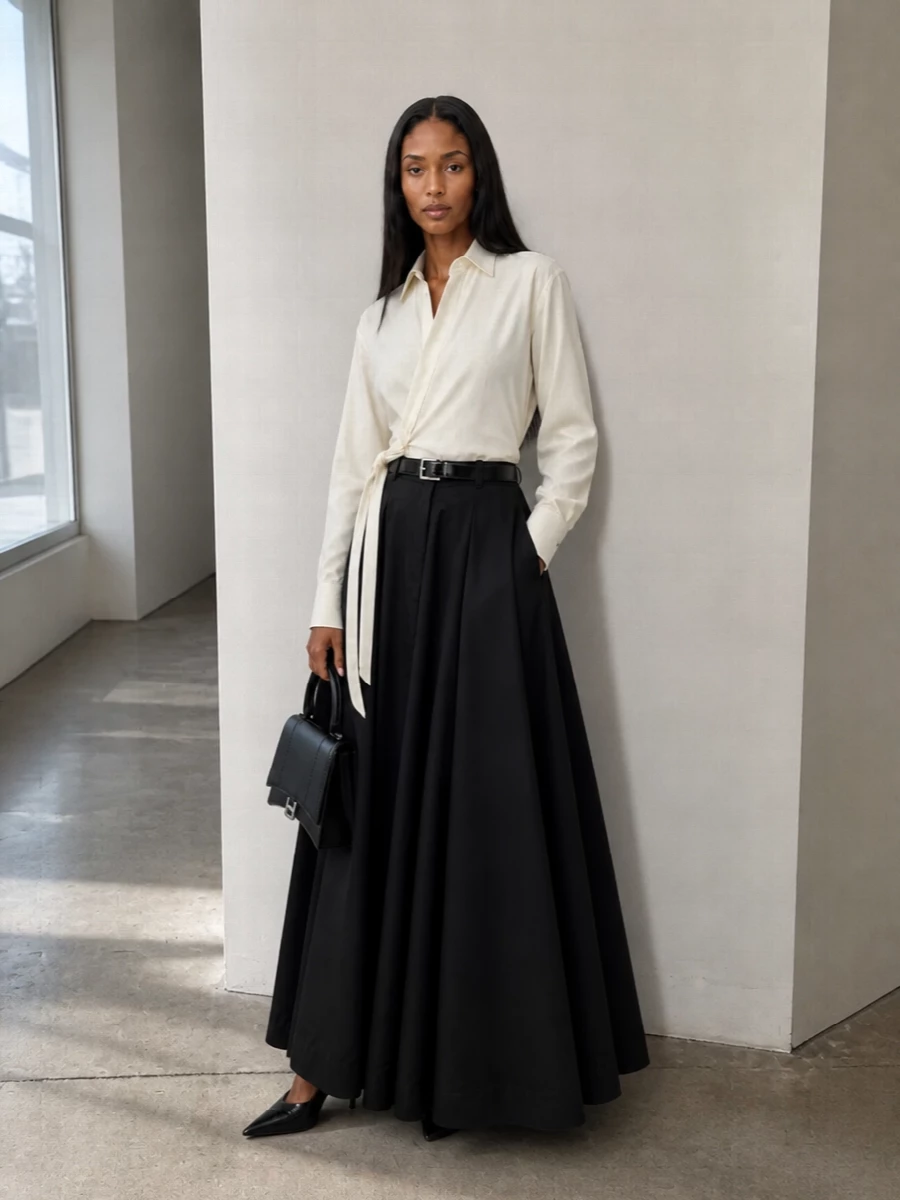 Balenciaga black maxi skirt asymmetric white shirt