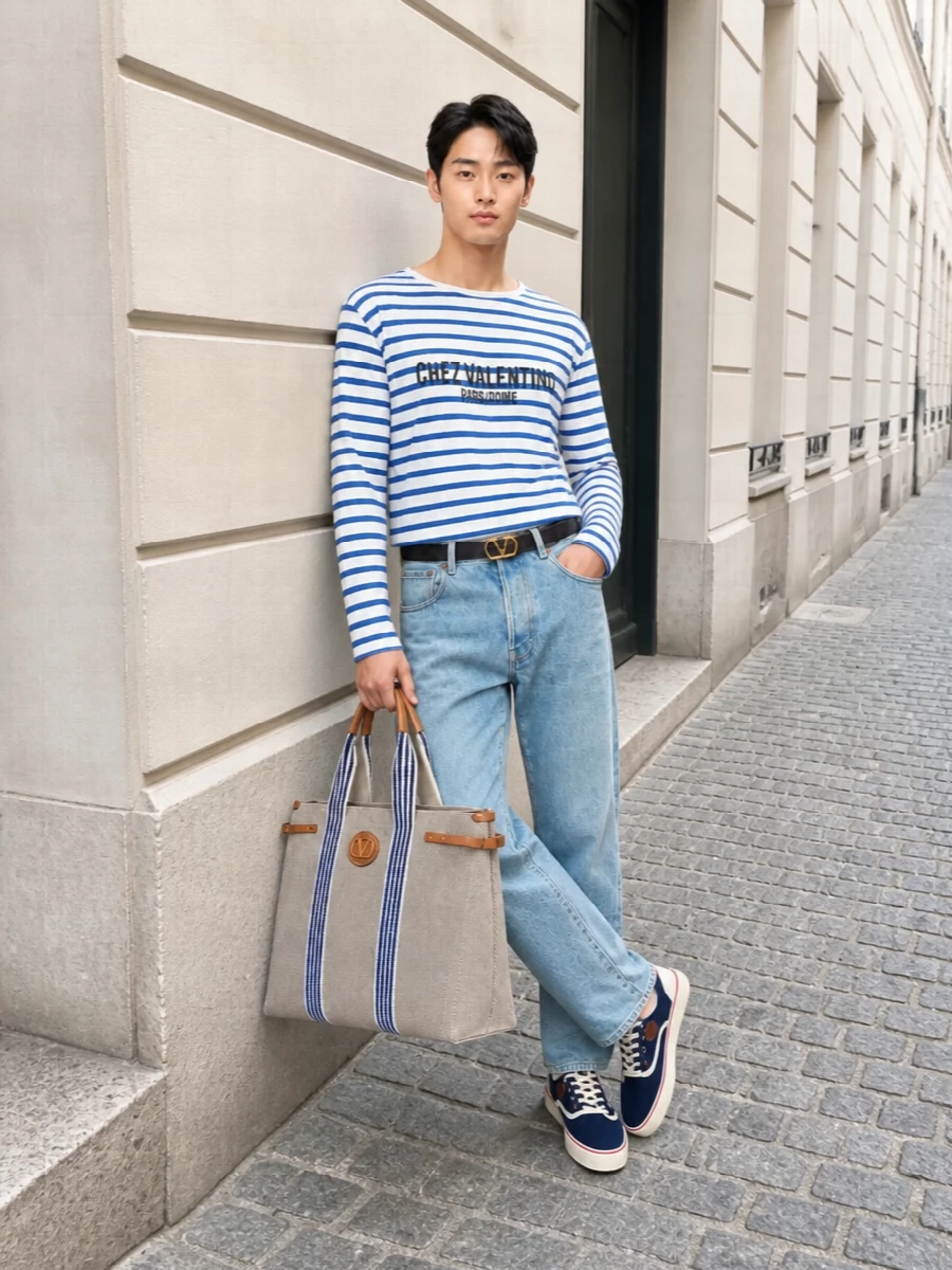 A cobalt-striped Valentino tee is paired with airy light-wash straight-leg denim for a fresh, Riviera-inflected take on casual SS dressing. Navy-trimmed canvas sneakers keep the palette crisp and nautical, while the beige-and-navy canvas tote and slim reversible belt introduce subtle tan accents that stay firmly in the quiet-luxury realm.