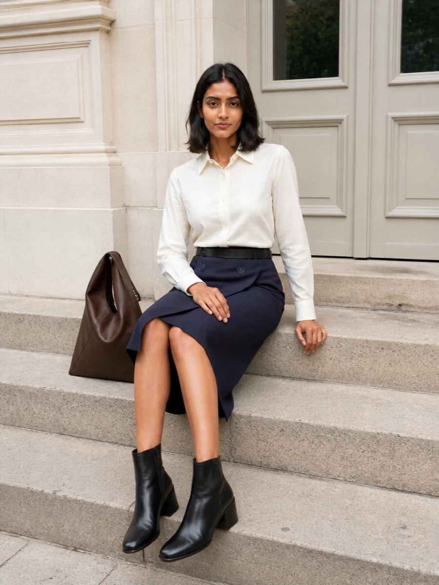 Mm6 wrap skirt ivory shirt ankle boots outfit