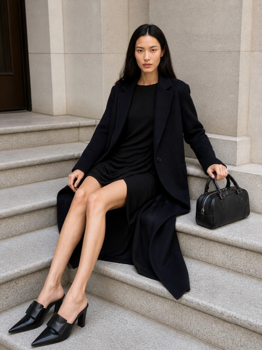 Loewe navy coat black draped mini dress outfit