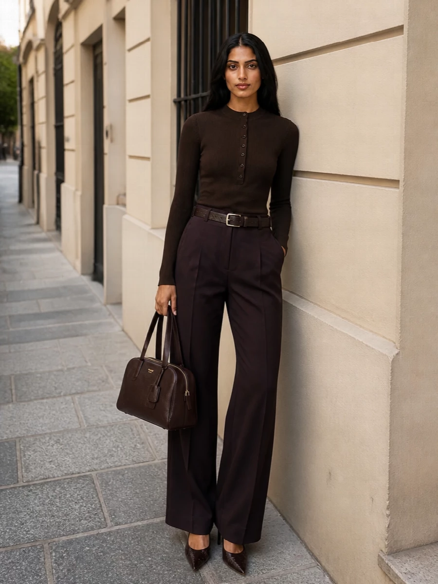 Magda butrym aubergine trousers brown knit heels
