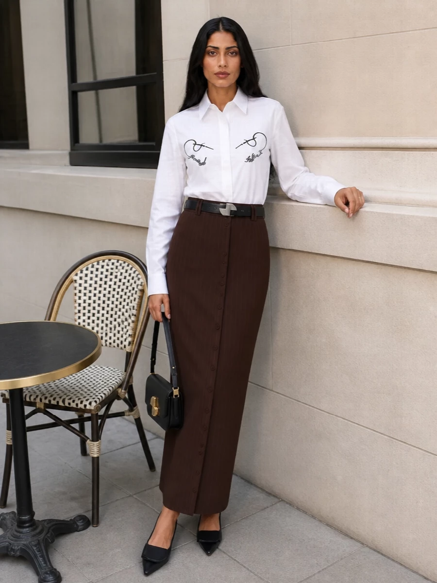 Gaultier shirt pinstripe maxi skirt outfit
