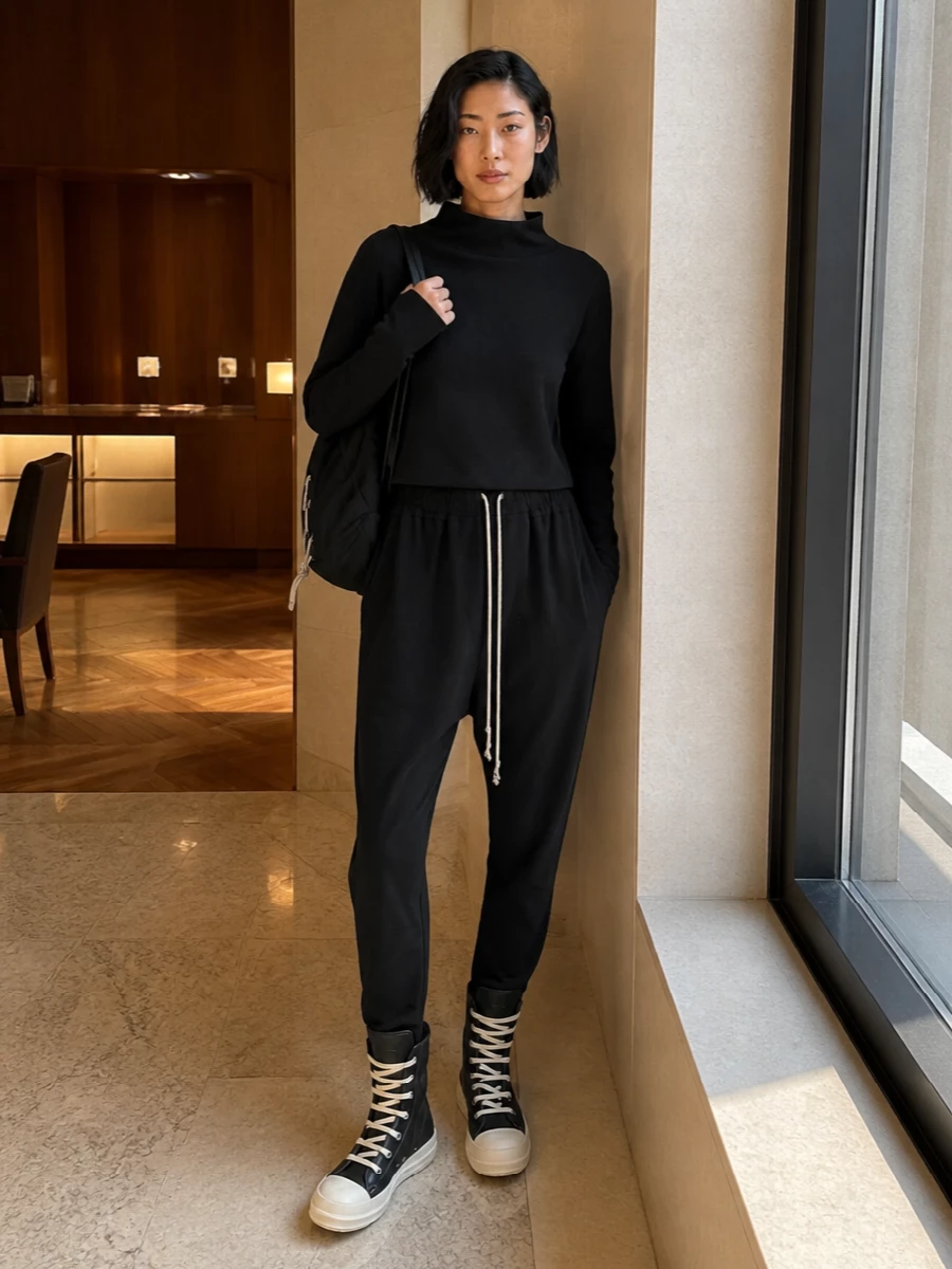 Rick owens black drop crotch pants high top sneakers