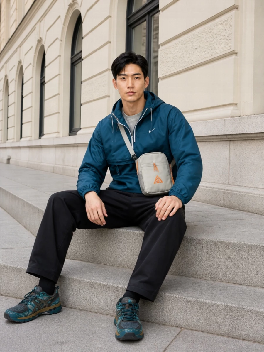 Nike teal anorak black track pants outfit
