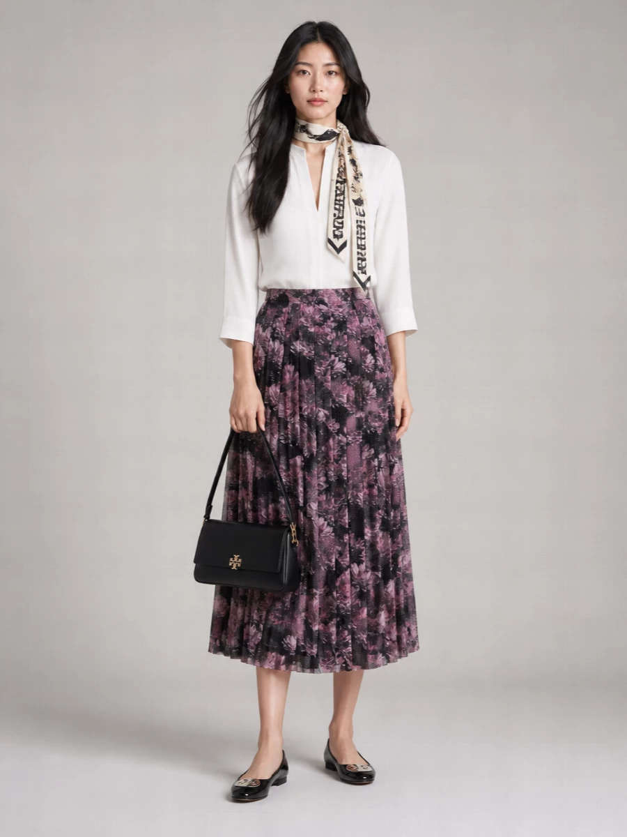 Tory Burch Pleated Floral Silk Skirt Midi-Length