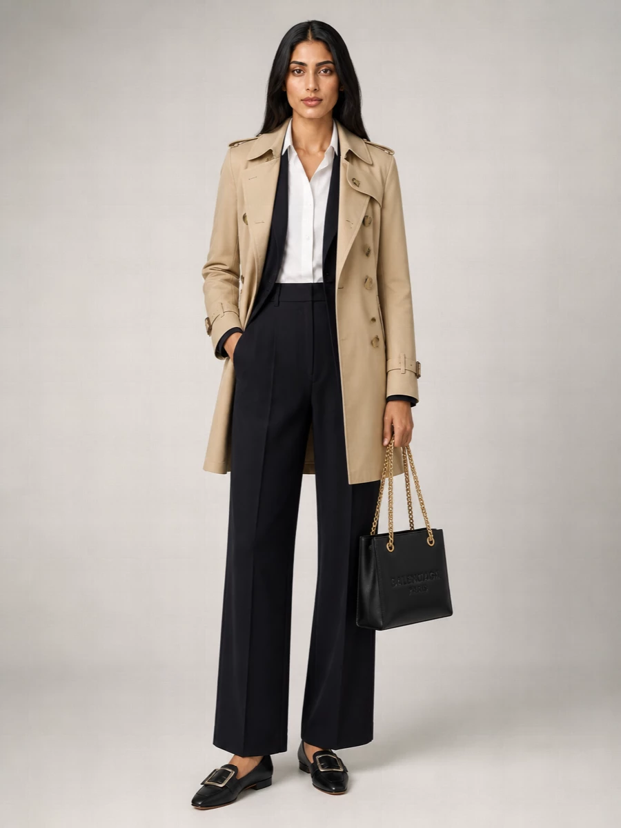 I am building this around tailoring rather than a dress so the trench reads as a true outer layer over a sharp city suit. The navy blazer and black tapered trouser create a precise, elongated line, softened by the low-heel ballerinas and grounded by the structured black tote. It is a quietly assertive, boardroom-appropriate composition that still feels relaxed enough for long city days in a trench coat.