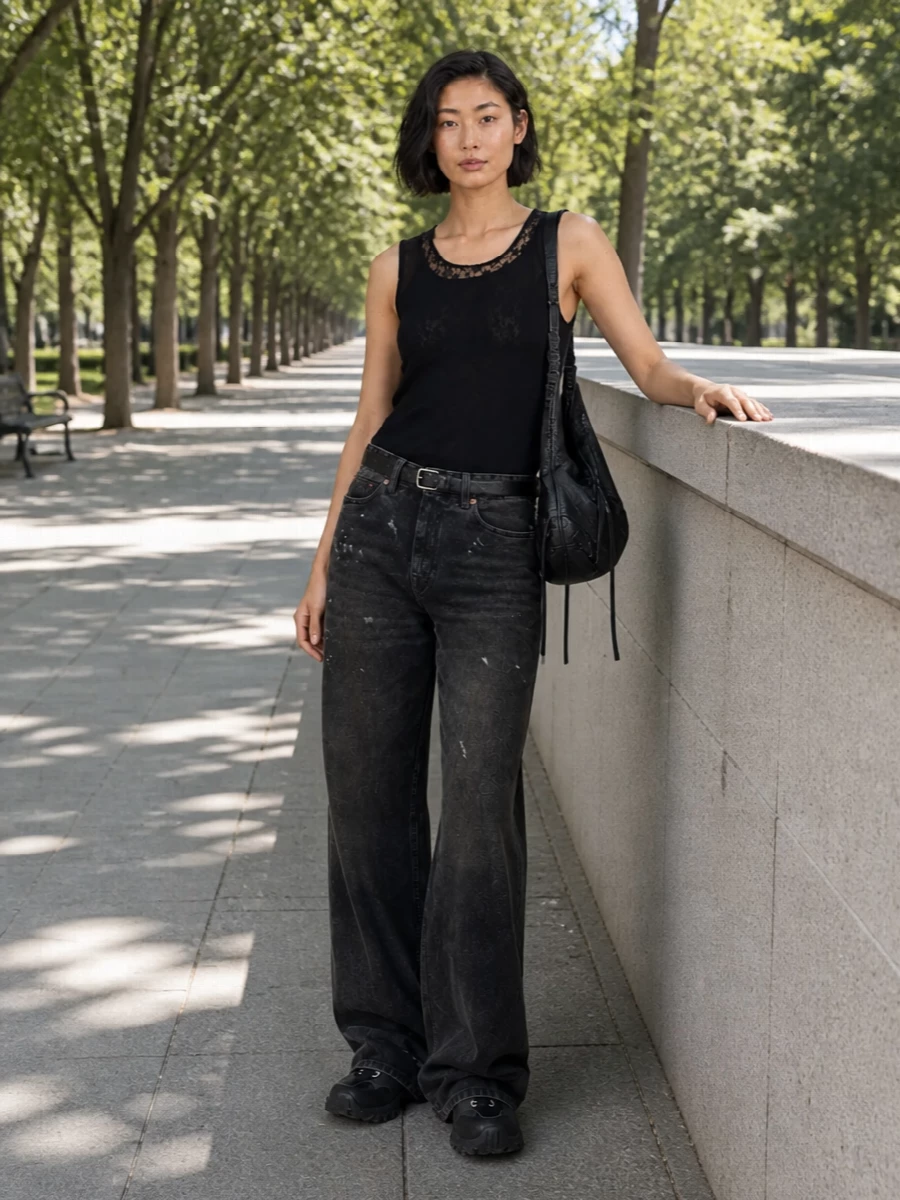 Our legacy wide leg jeans sheer tank balenciaga bag