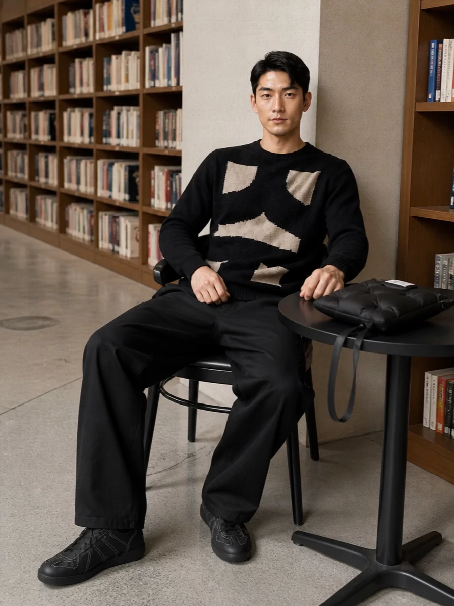 Comme des garcons sweater wide leg jeans outfit