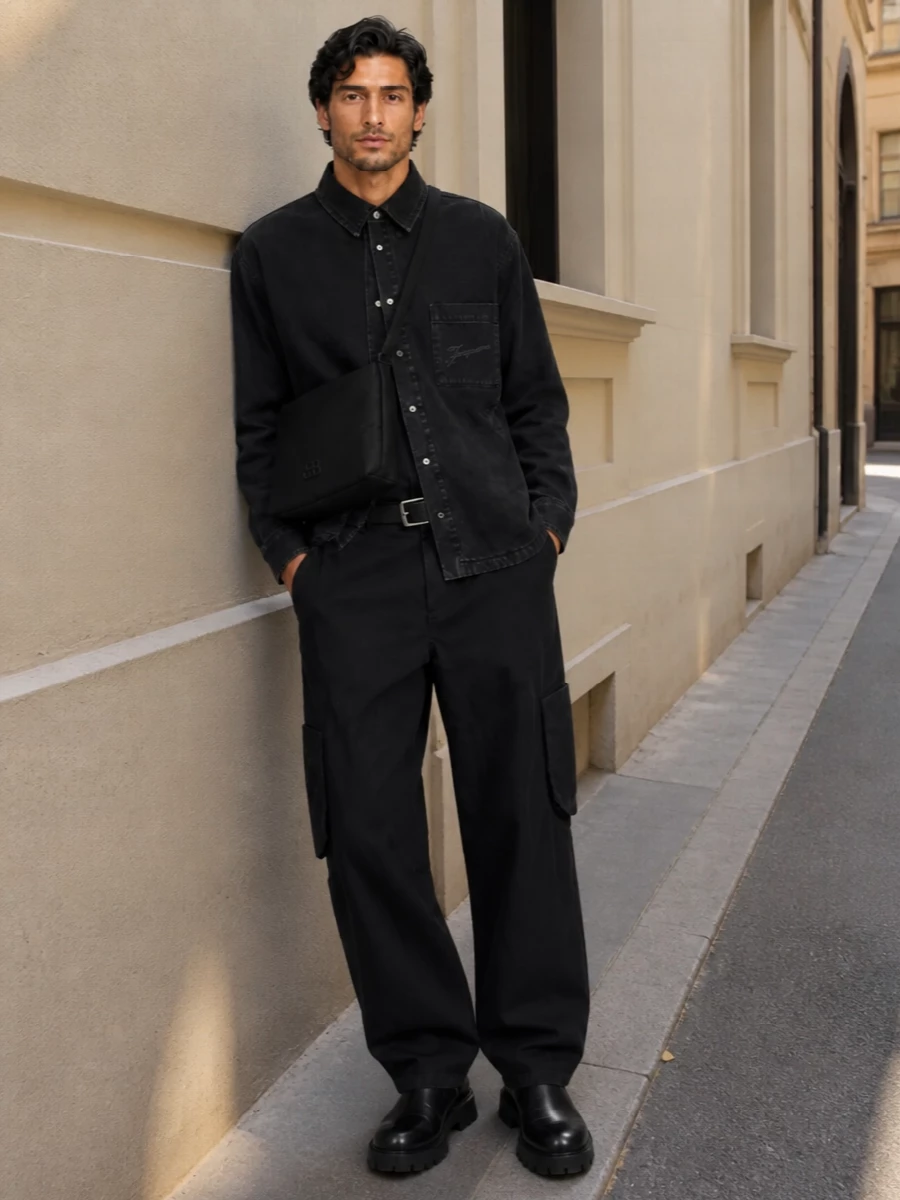 Monochrome and textural, this look pairs the sculpted black Jacquemus cargos with a washed-black boxy denim shirt for a coherent, off-duty utility statement. Chunky black Prada Chelseas and a padded Balenciaga shoulder bag add structured weight and discreet luxury, while a slim black belt sharpens the waist without disturbing the clean, urban mood.
