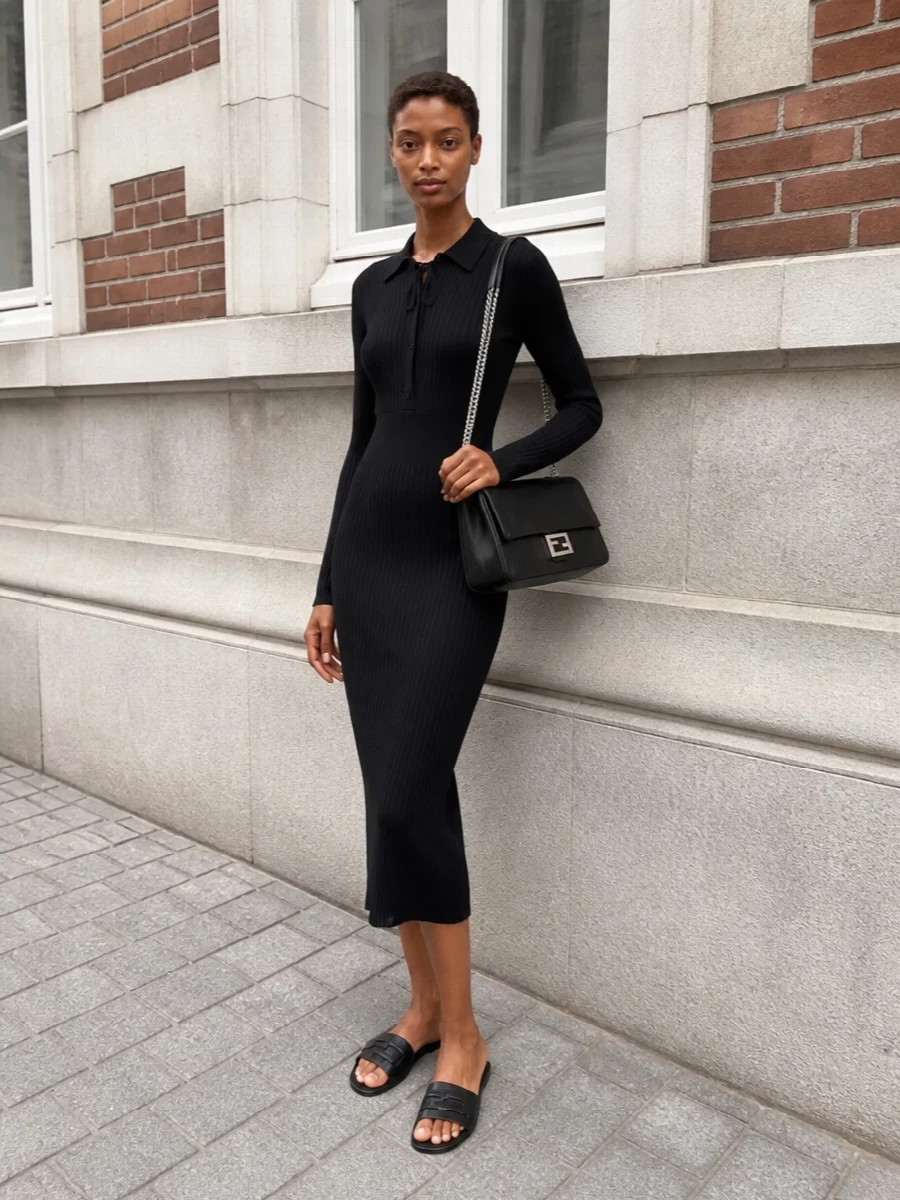 Fendi black knit midi dress flat slides outfit
